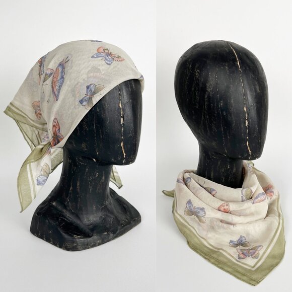 Vintage Silk Butterfly Print Scarf Bandana Headband Cottagecore Romantic Dainty - Picture 8 of 8
